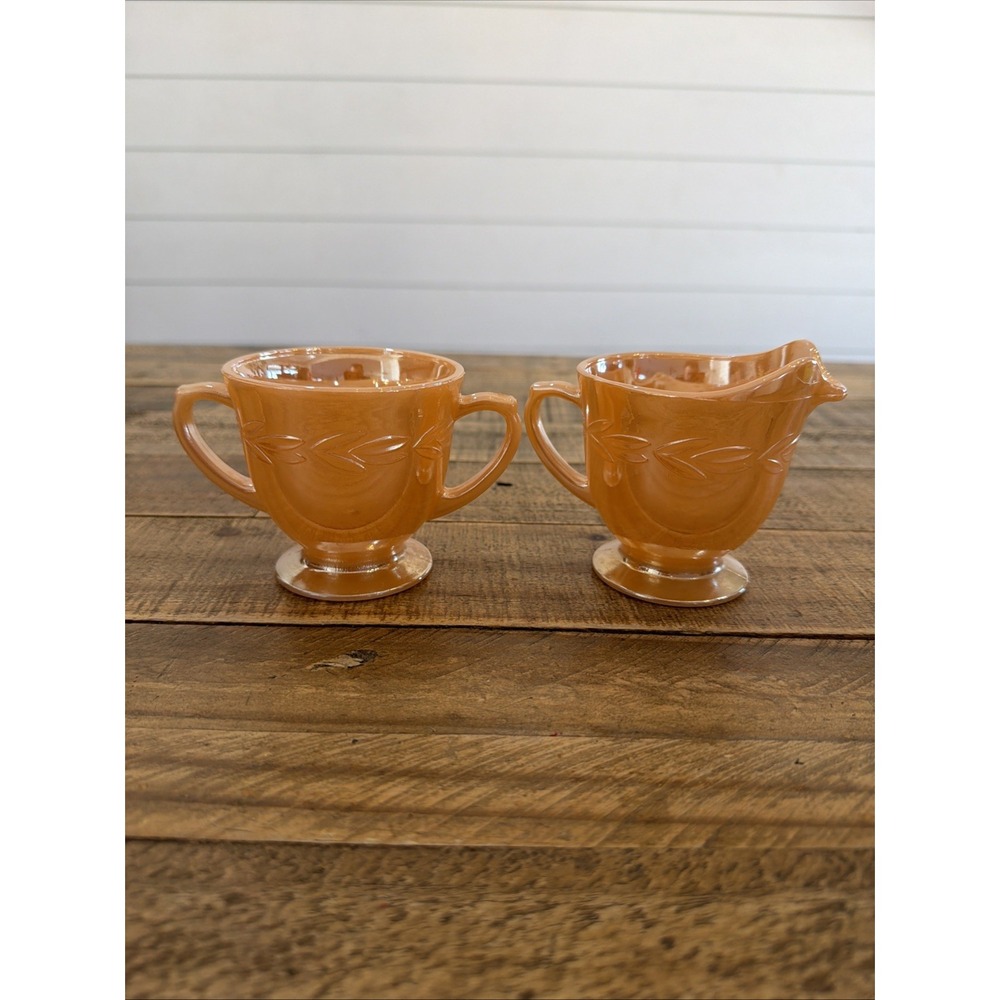 Fire King Peach LusterWare Vintage Cream And Sugar Bowl Set Laurel Leaf Pattern